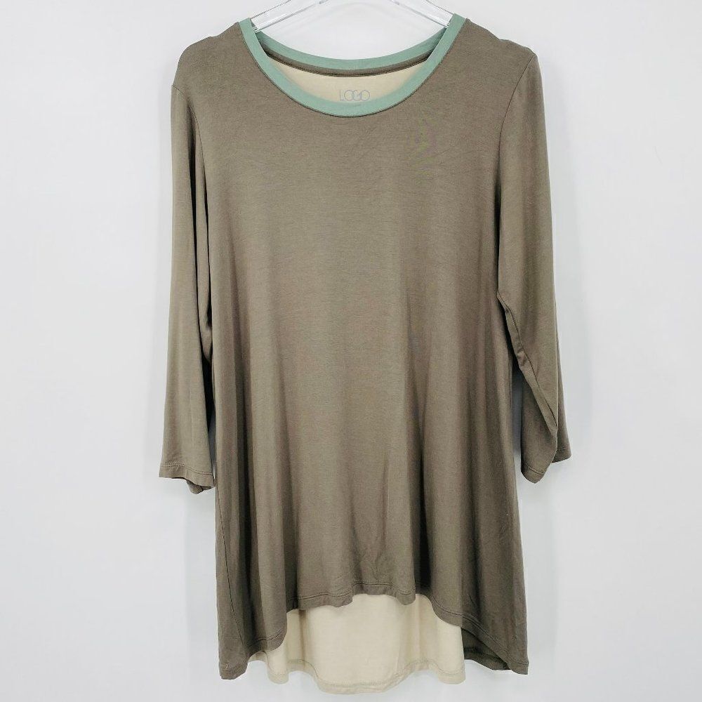 Logo Lori Goldstein Size Large Olive Green Lagenlook Color Block Tunic Top